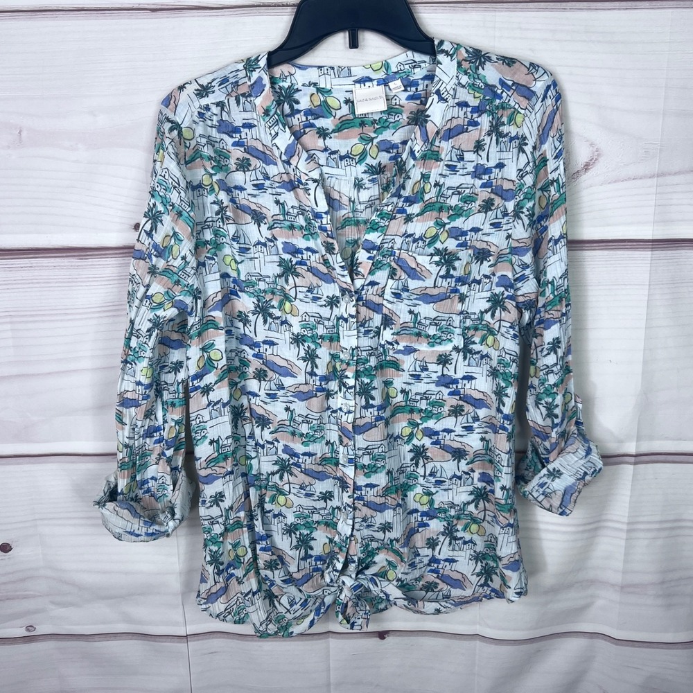 Zac & Rachel Top Womens L Colorful Vacation Shirt Button Up Tab Sleeve Woven
